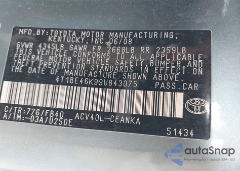 2009 Toyota Camry Le z USA, uszkodzony, nr VIN 4T1BE46K99U843075